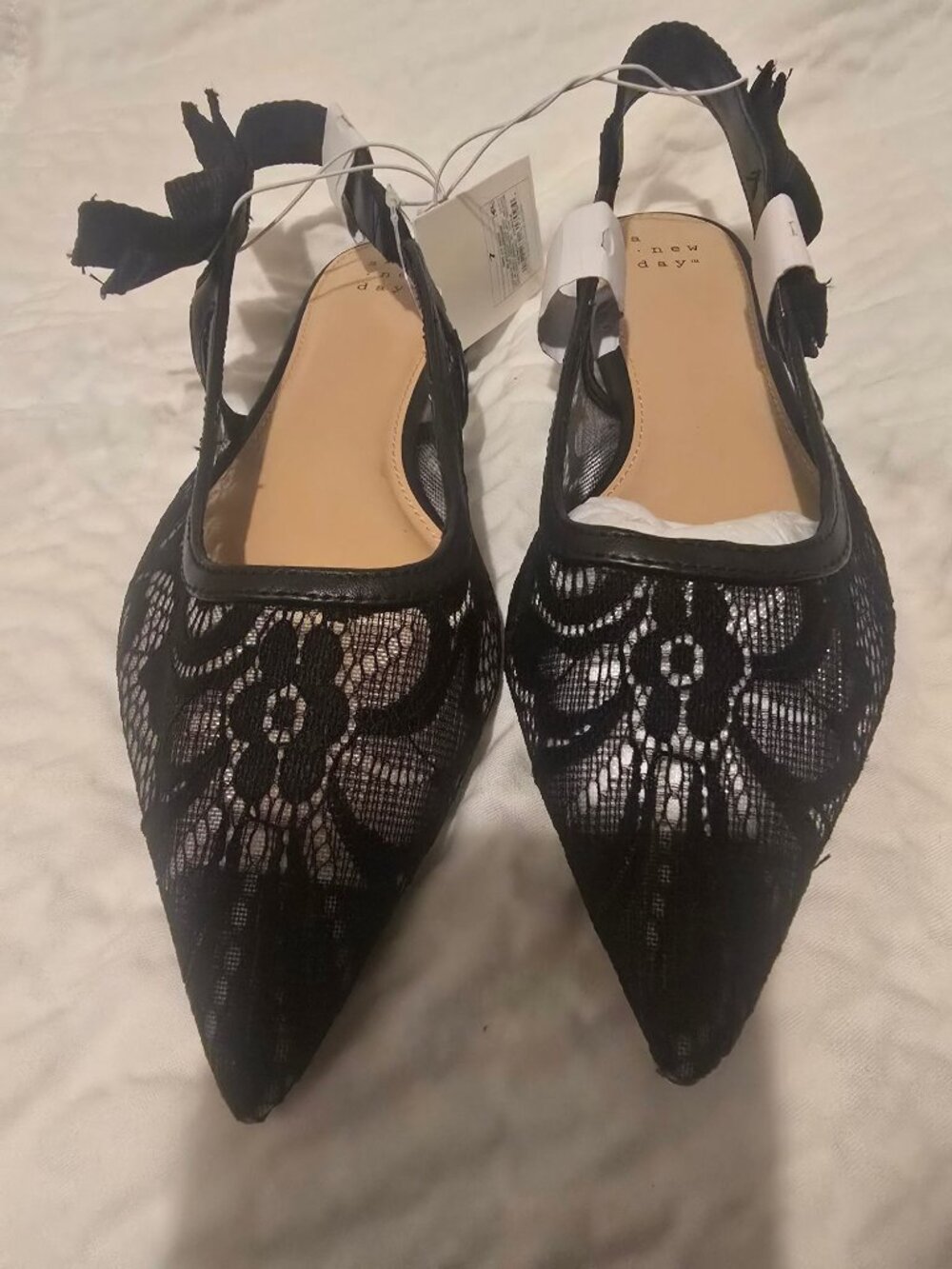 Women's London Lace Sling Back Bow Flats - a New Day™ Black 8: Cushioned Insole, - Picture 2 of 7